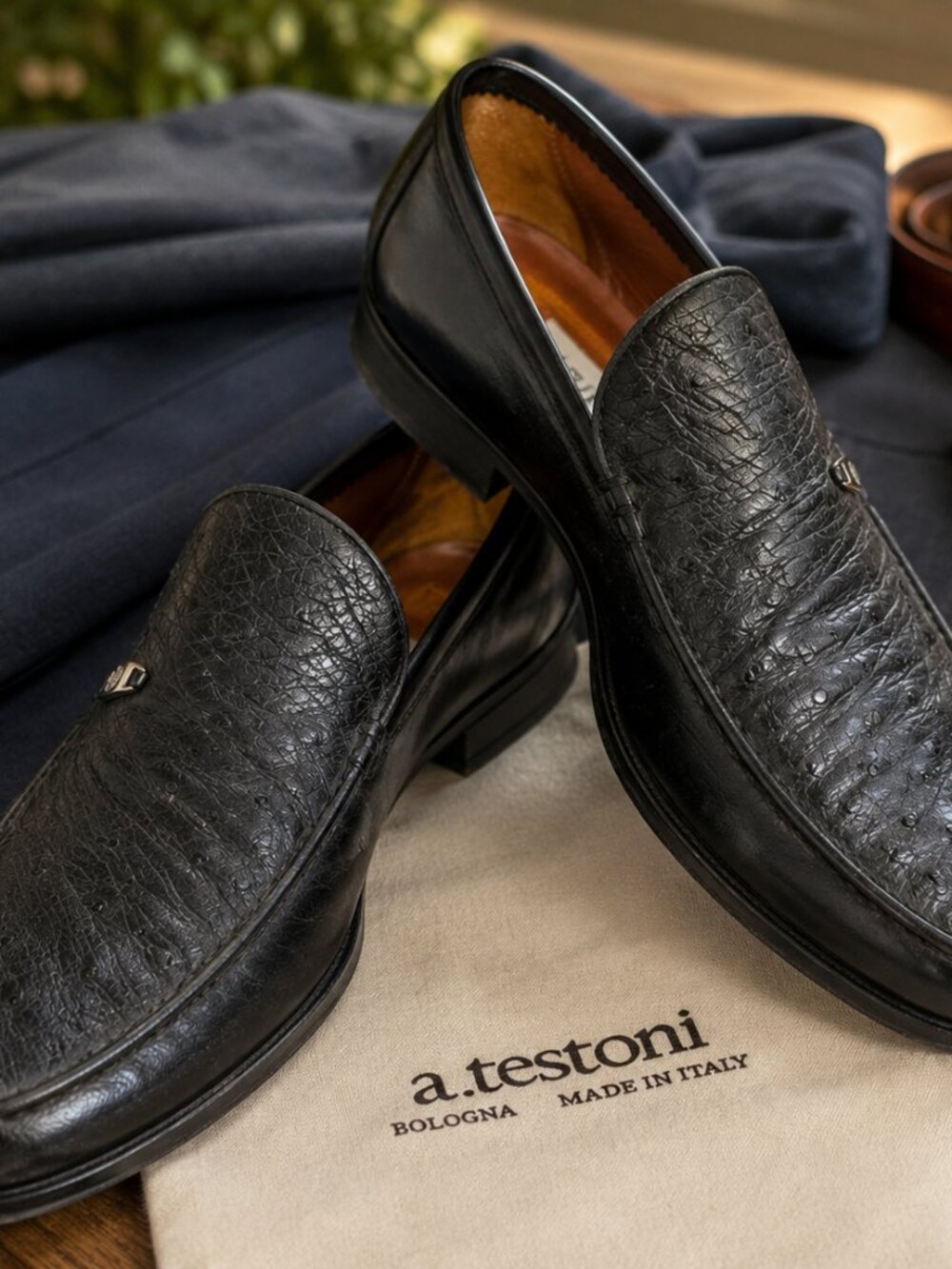A. Testoni Ostrich Leather Loafers Men's 10.5 Black Made in Italy Luxury Shoes